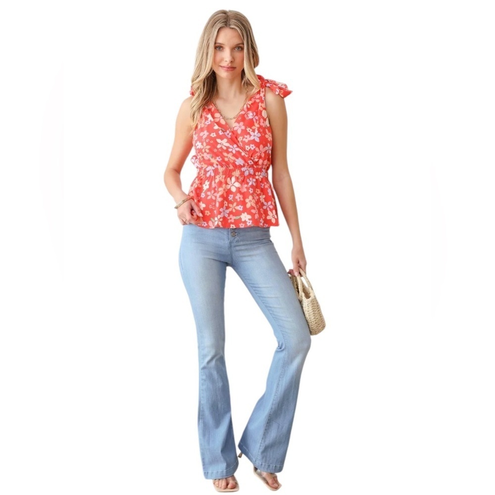 GILLI Floral Shoulder Ribbon Ties Smocked Waist Ruffle Top S - Picture 6 of 6